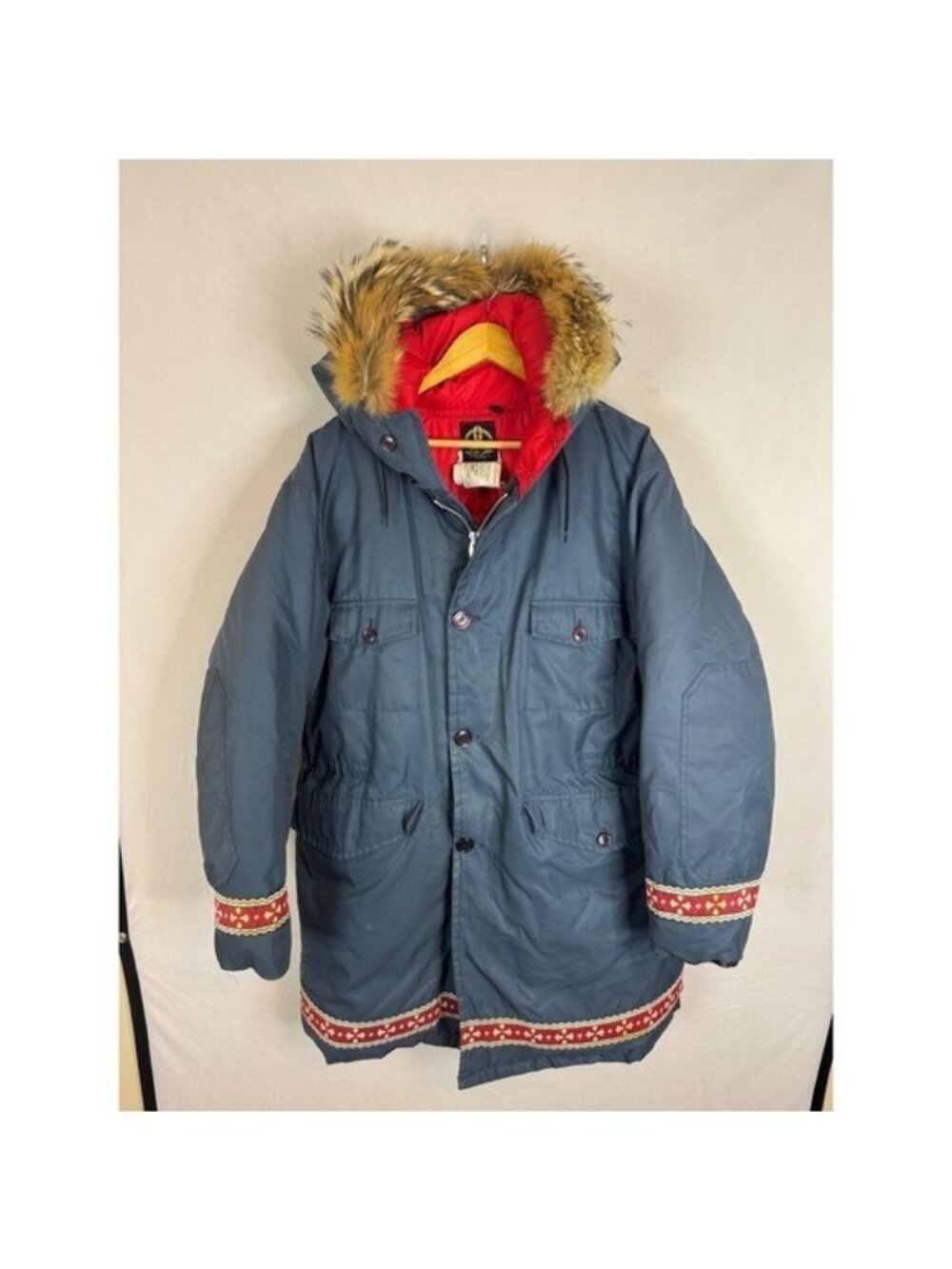 Vintage Thermo-King Down Filled Parka Fur Trim Hood Blue Red Men Size L